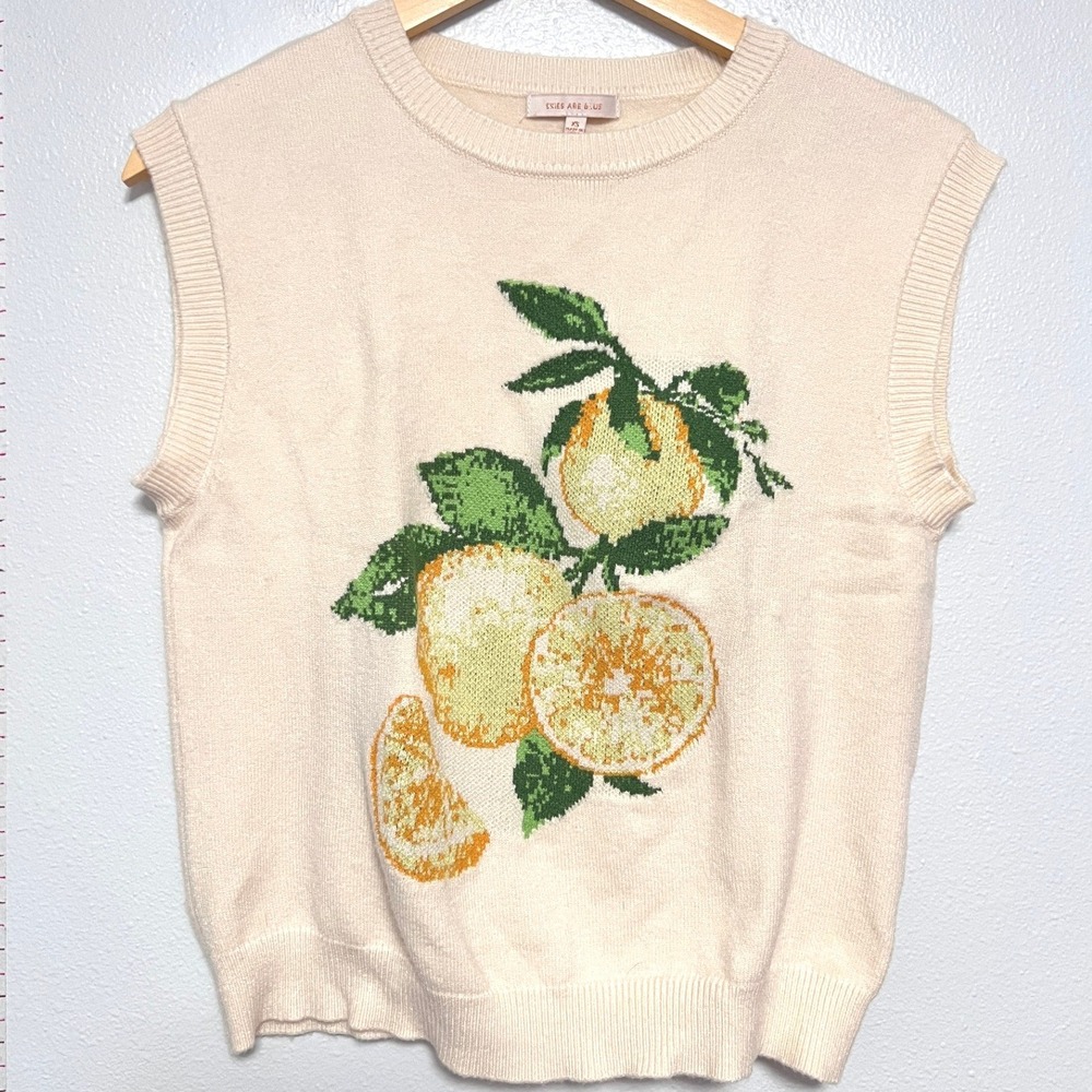 Skies Are Blue Lemon Intarsia Sweater Vest Women XS Cream Fruit Knit Sleeveless